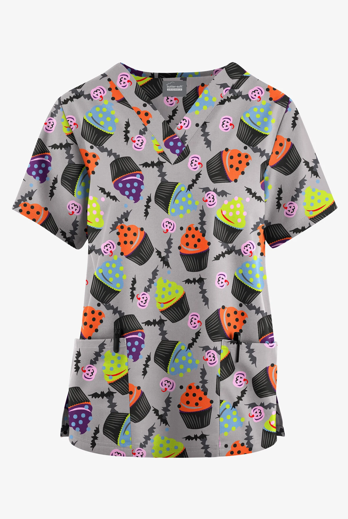 Butter-Soft Originals Halloween Treats Silver Women's 2-Pocket Classic Fit V-Neck Printed Scrub Top 1 Butter-Soft Originals Halloween Treats Silver Women's 2-Pocket Classic Fit V-Neck Printed Scrub Top