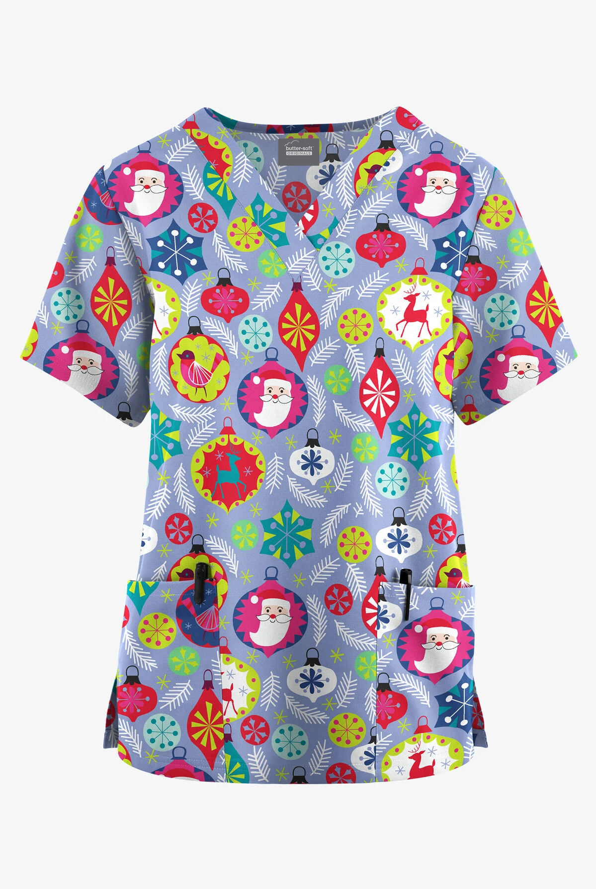 Butter-Soft Originals Jolly Baubles Ceil Women's 2-Pocket Classic Fit V-Neck Printed Scrub Top 1 Butter-Soft Originals Jolly Baubles Ceil Women's 2-Pocket Classic Fit V-Neck Printed Scrub Top