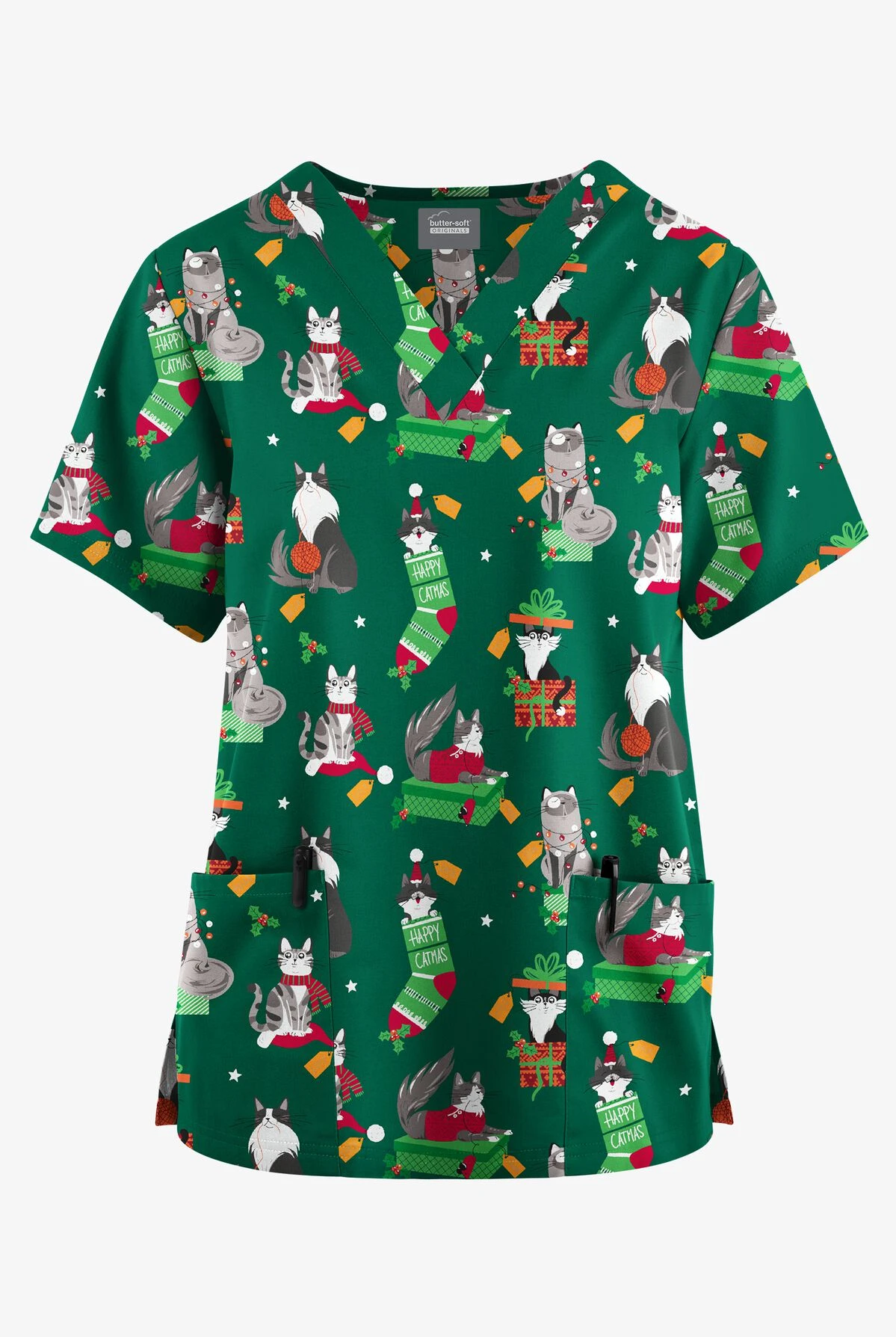 Butter-Soft Originals Playful Christmas Hunter Women's 2-Pocket Classic Fit V-Neck Printed Scrub Top 1 Butter-Soft Originals Playful Christmas Hunter Women's 2-Pocket Classic Fit V-Neck Printed Scrub Top