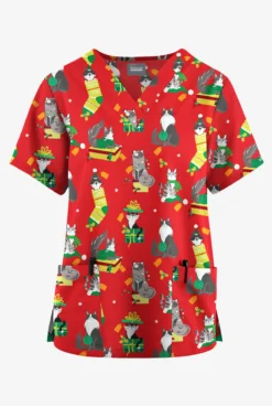 Butter-Soft Originals Playful Christmas Red Women's 2-Pocket Classic Fit V-Neck Printed Scrub Top