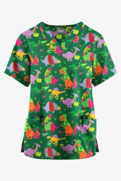 Butter-Soft Originals Santa Saurus Hunter Women's 2-Pocket Classic Fit V-Neck Printed Scrub Top