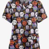 Butter-Soft Originals Trick Or Treat Black Printed Women's 2-Pocket Classic Fit V-Neck Scrub Top