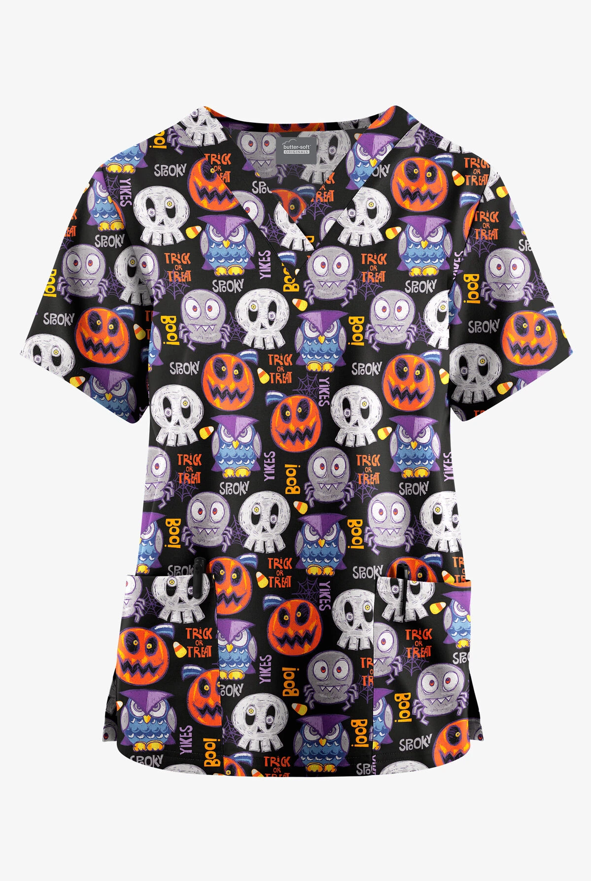 Butter-Soft Originals Trick Or Treat Black Printed Women's 2-Pocket Classic Fit V-Neck Scrub Top 1 Butter-Soft Originals Trick Or Treat Black Printed Women's 2-Pocket Classic Fit V-Neck Scrub Top
