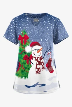 Butter-Soft Originals Festive Snowman Navy Women's 2-Pocket Scallop Neck Printed Scrub Top