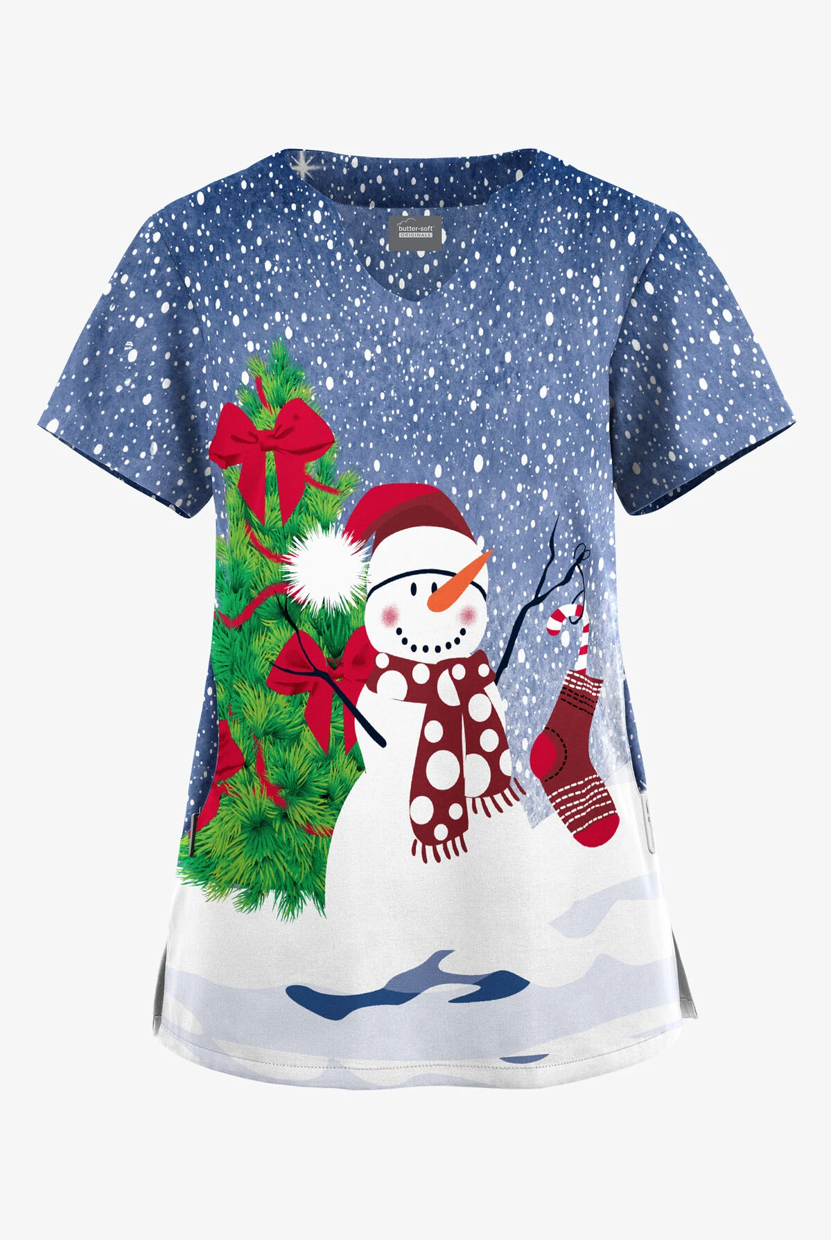 Butter-Soft Originals Festive Snowman Navy Women's 2-Pocket Scallop Neck Printed Scrub Top 1 Butter-Soft Originals Festive Snowman Navy Women's 2-Pocket Scallop Neck Printed Scrub Top