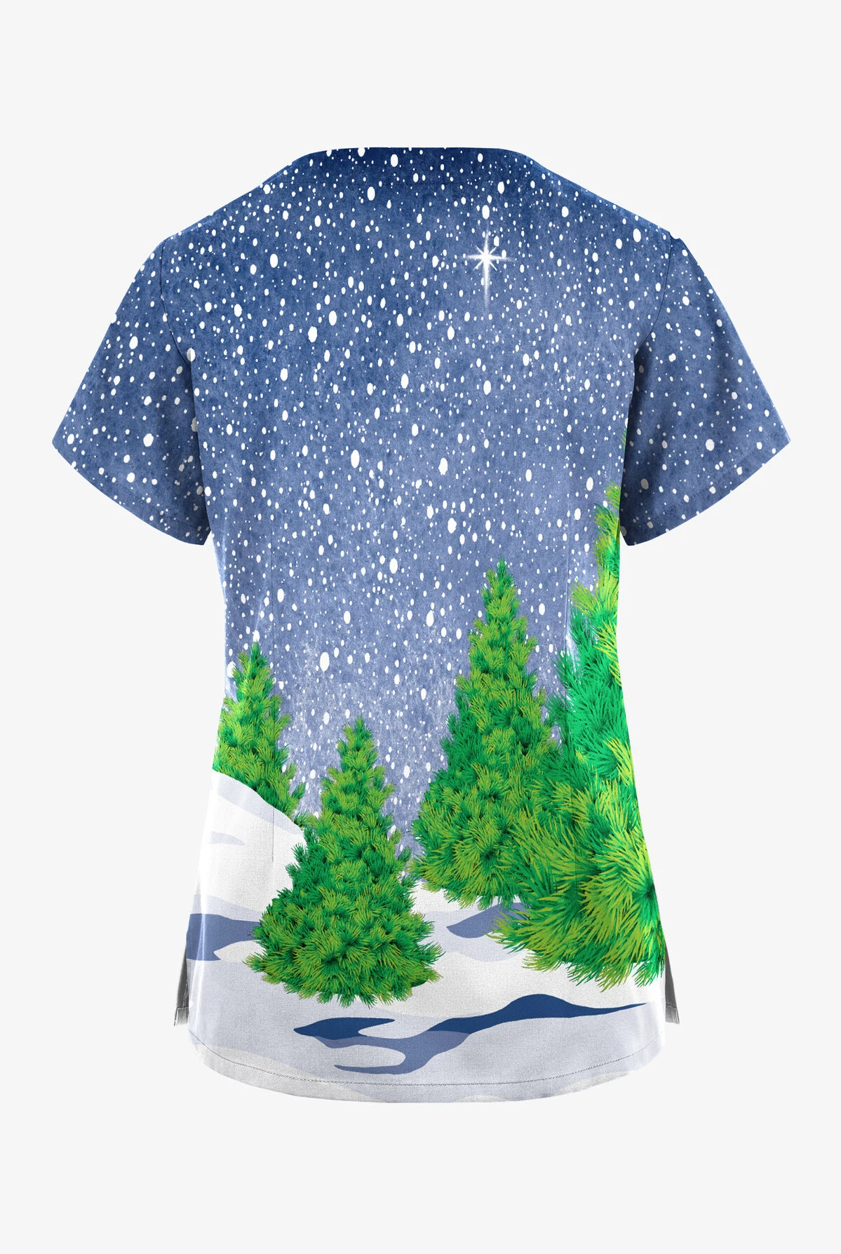 Butter-Soft Originals Festive Snowman Navy Women's 2-Pocket Scallop Neck Printed Scrub Top 2 Butter-Soft Originals Festive Snowman Navy Women's 2-Pocket Scallop Neck Printed Scrub Top - Image 2