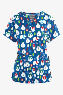 Butter-Soft North Pole Party Royal Women’s 4-Pocket V Notch-Neck Print Scrub Top