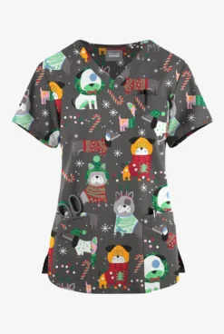 Butter-Soft Originals Cuddly Pups Pewter Women's 7-Pocket Rounded V-Neck Printed Scrub Top