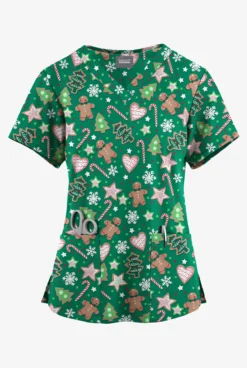 Butter-Soft Originals Baking For Santa Hunter Women's 4-Pocket Rounded V-Neck Printed Scrub Top