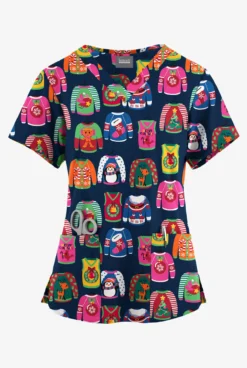 Butter-Soft Originals Christmas Sweaters Navy Women's 4-Pocket Rounded V-Neck Printed Scrub Top