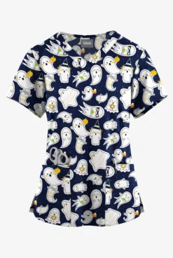 Butter-Soft Originals Halloween Fun Navy Women's 4-Pocket Rounded V-Neck Printed Scrub Top