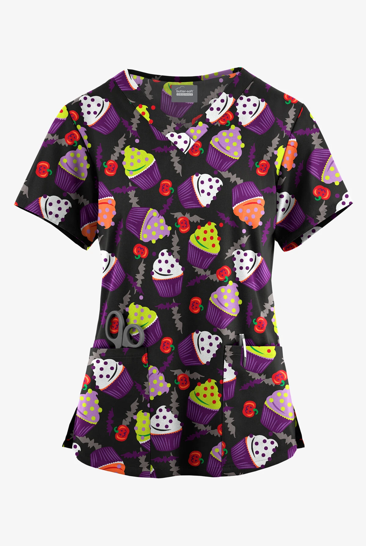 Butter-Soft Originals Halloween Treats Black Printed Women's 4-Pocket Rounded V-Neck Scrub Top 1 Butter-Soft Originals Halloween Treats Black Printed Women's 4-Pocket Rounded V-Neck Scrub Top
