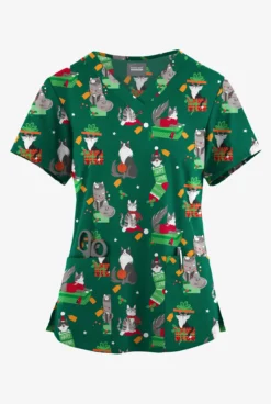 Butter-Soft Originals Playful Christmas Hunter Women's 4-Pocket Rounded V-Neck Printed Scrub Top