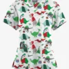Butter-Soft Originals Santa Saurus White Printed Women's 4-Pocket Rounded V-Neck Scrub Top