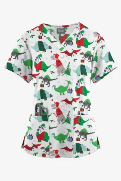 Butter-Soft Originals Santa Saurus White Printed Women's 4-Pocket Rounded V-Neck Scrub Top