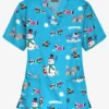 Butter-Soft Holiday Fun Turquoise Women's 3-Pocket V-Neck Print Scrub Top
