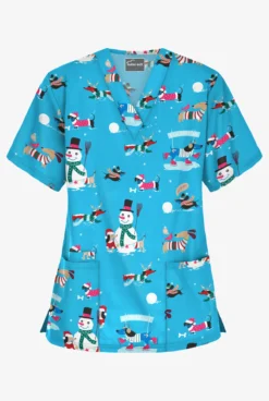 Butter-Soft Holiday Fun Turquoise Women's 3-Pocket V-Neck Print Scrub Top