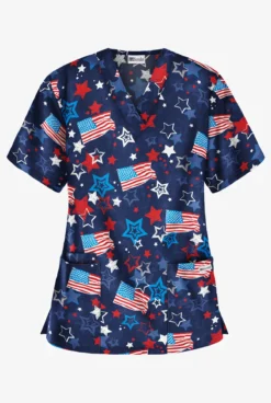 UA Best Buy Celebration Time Navy Women's 3-Pocket V-Neck Print Scrub Top