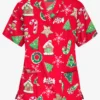Butter-Soft Santa's Cookies Red Women's 3-Pocket V-Neck Print Scrub Top