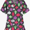 Butter-Soft Festive Ornaments Women's 2-Pocket Relaxed Fit V-Neck Print Scrub Top