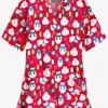 Butter-Soft North Pole Party Red Women's 2-Pocket Relaxed Fit V-Neck Print Scrub Top