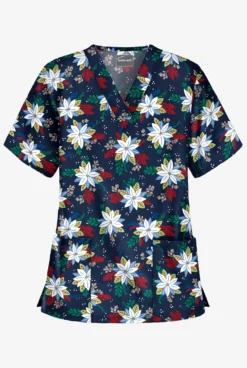 Butter-Soft Winter Floral Navy Women's 2-Pocket Relaxed Fit V-Neck Print Scrub Top