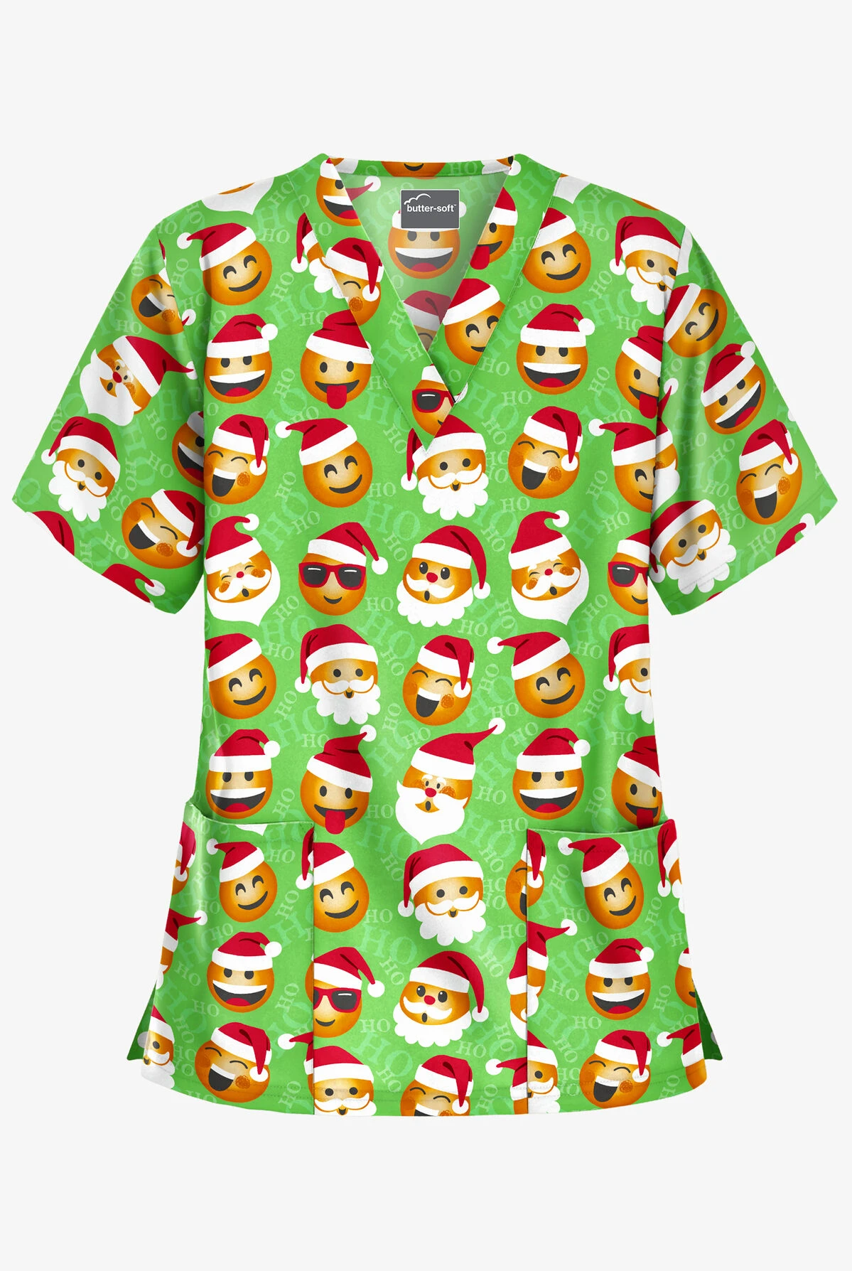 Butter-Soft X-Mas Emojis Grass Green Women's 2-Pocket Relaxed Fit V-Neck Print Scrub Top 1 Butter-Soft X-Mas Emojis Grass Green Women's 2-Pocket Relaxed Fit V-Neck Print Scrub Top