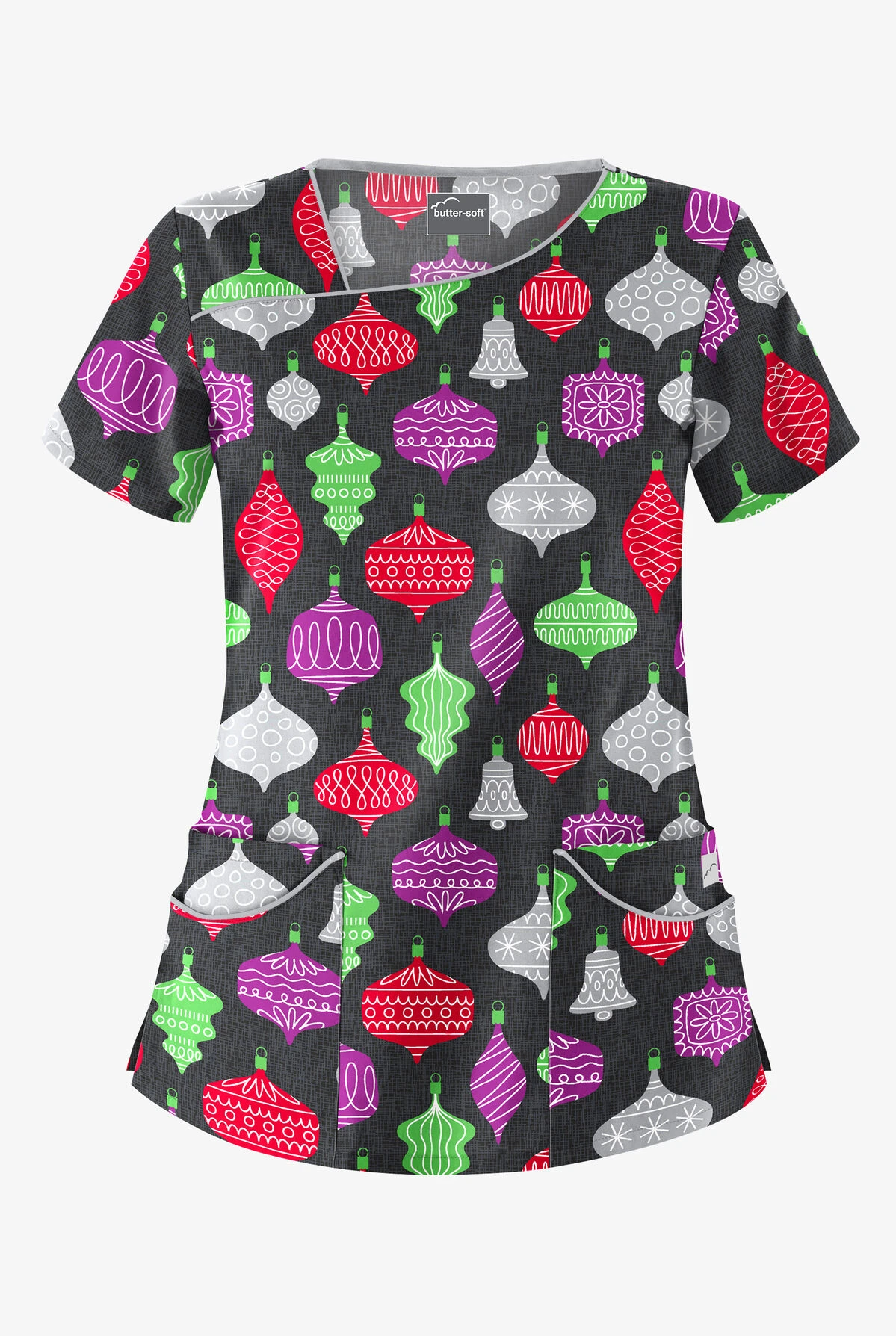 Butter-Soft Festive Ornaments Women's 4-Pocket Asymmetrical Neck Print Scrub Top 1 Butter-Soft Festive Ornaments Women's 4-Pocket Asymmetrical Neck Print Scrub Top