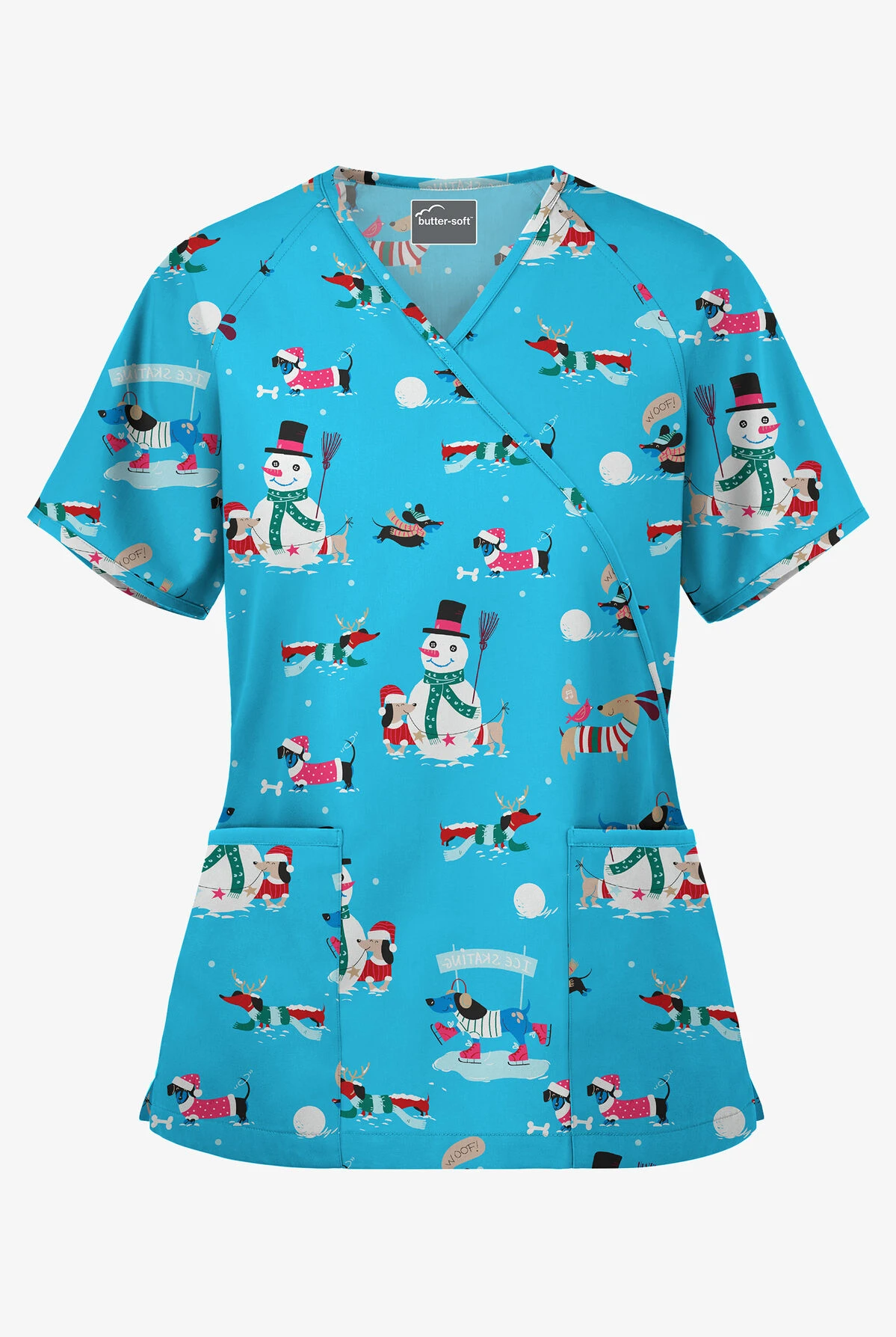 Butter-Soft Holiday Fun Turquoise Women's 2-Pocket Mock Wrap Print Scrub Top 1 Butter-Soft Holiday Fun Turquoise Women's 2-Pocket Mock Wrap Print Scrub Top