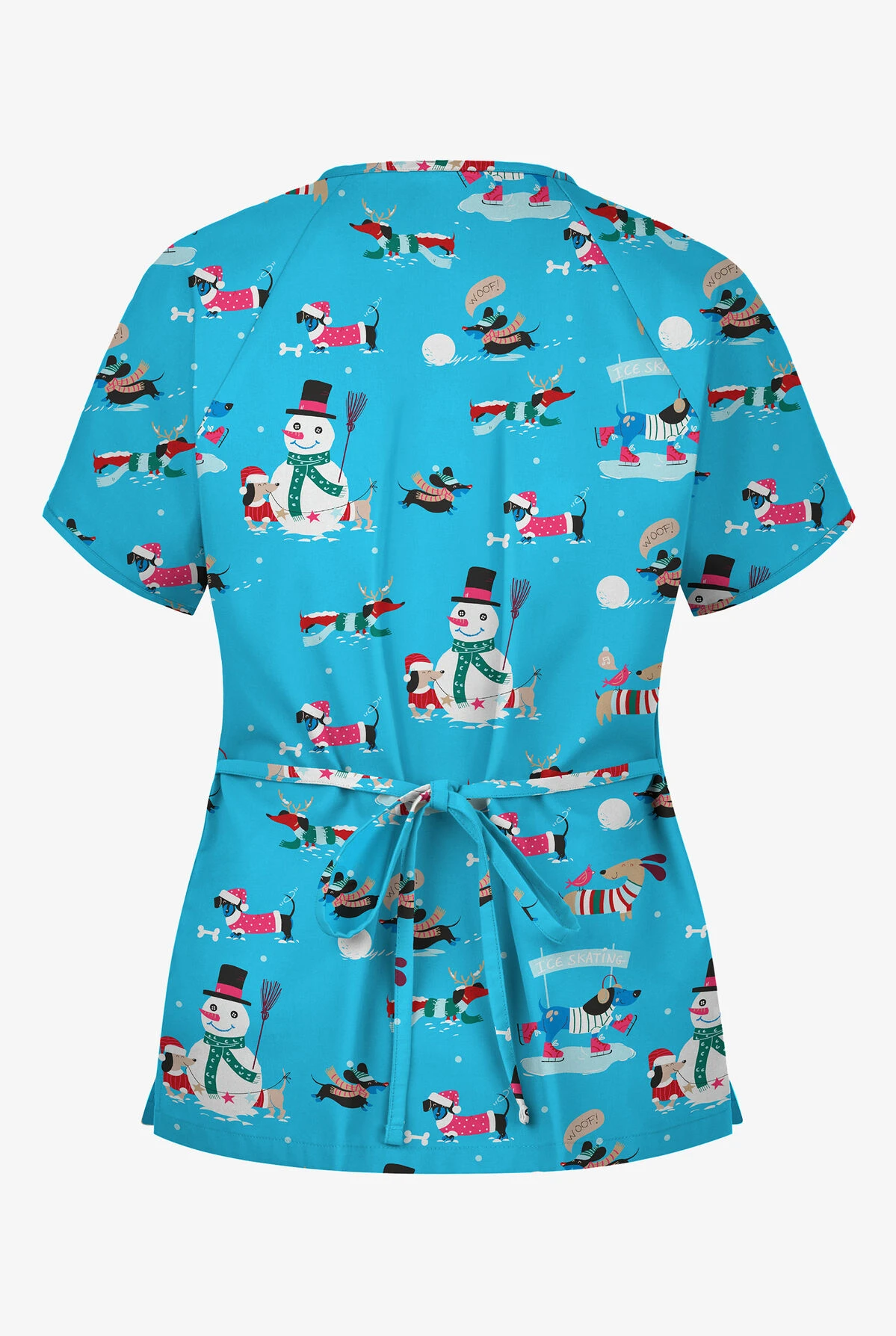 Butter-Soft Holiday Fun Turquoise Women's 2-Pocket Mock Wrap Print Scrub Top 2 Butter-Soft Holiday Fun Turquoise Women's 2-Pocket Mock Wrap Print Scrub Top - Image 2