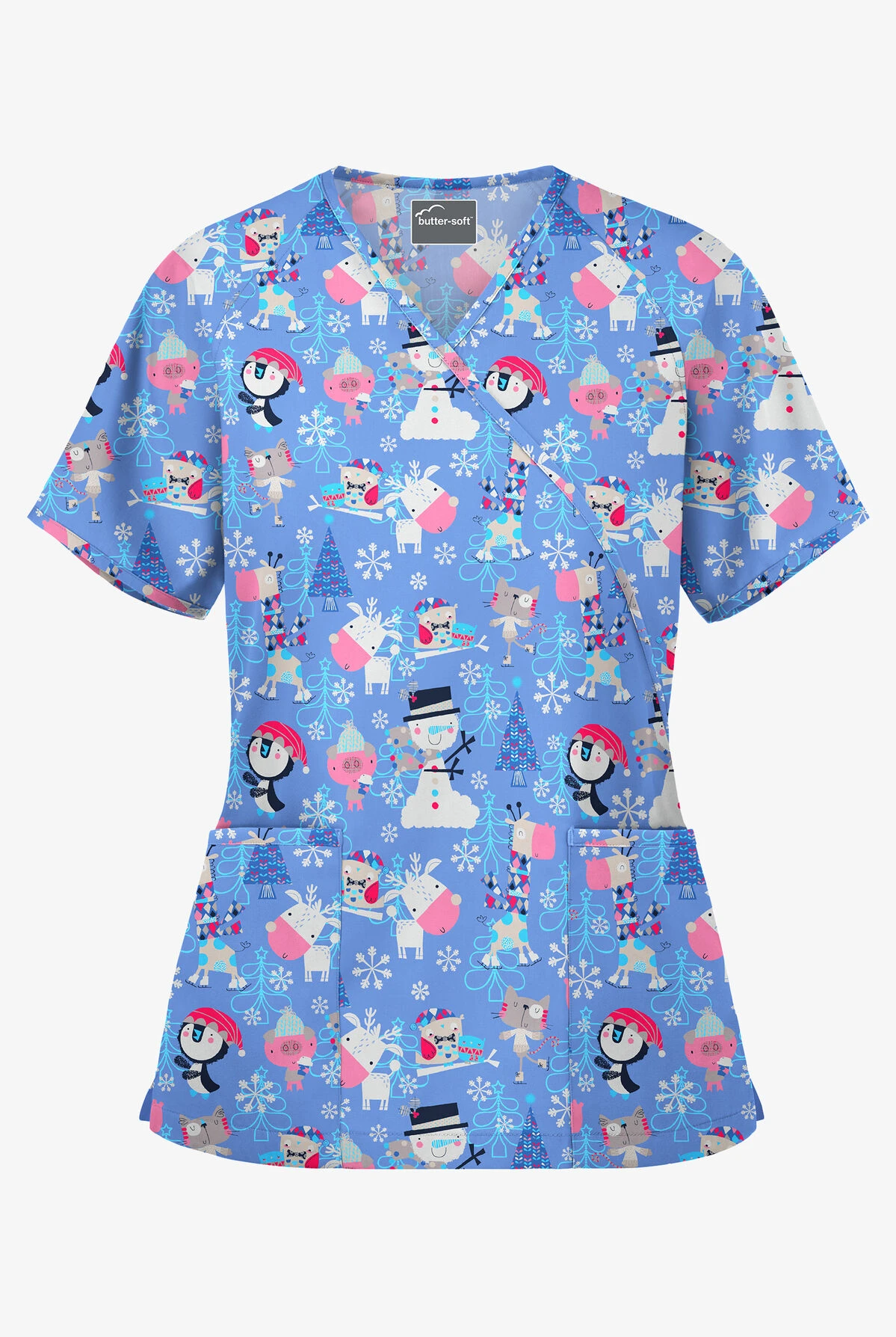 Butter-Soft Holiday Party Ceil Women's 2-Pocket Mock Wrap Print Scrub Top 1 Butter-Soft Holiday Party Ceil Women's 2-Pocket Mock Wrap Print Scrub Top