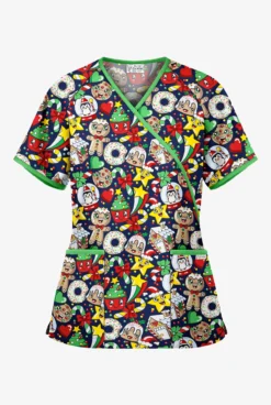 UA Best Buy Scrubs Christmas Cookies Navy Women's 2-Pocket Mock Wrap Print Top