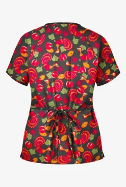 Butter-Soft Thanksgiving Morning Women's 2-Pocket Mock Wrap Print Scrub Top -Uniform Store H668THR 2