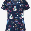 Butter-Soft Holiday Fun Navy Women's 4-Pocket Princess Seam Printed Scrub Top