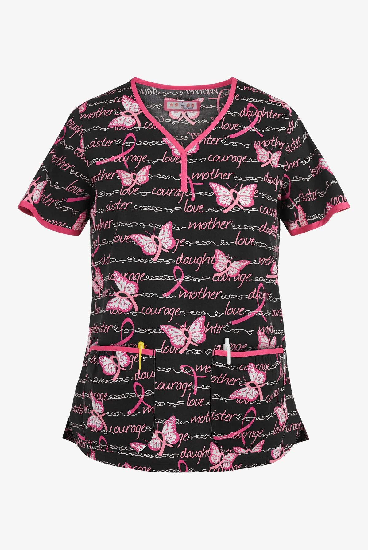 Koi Butterfly & Words Fashion Eve Women's 2-Pocket Y-Neck Print Scrub Top 1 Koi Butterfly & Words Fashion Eve Women's 2-Pocket Y-Neck Print Scrub Top
