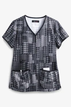 Koi Lite™ Houndstooth Platinum Eve Women's 2-Pocket Y-Neck Print Scrub Top