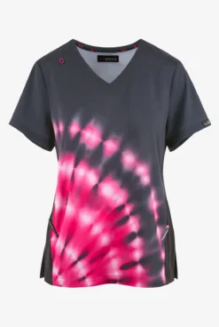 Koi Basics Tie Dye Burst Flamingo Women's 2-Pocket STRETCH V-Neck Print Scrub Top