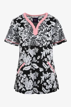 Koi Stretch Woodblack Floral Women's 4-Pocket STRETCH Y-Neck Print Scrub Top