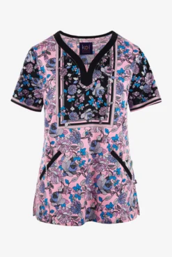 Koi Stretch Enchanted Garden Floral Women's 4-Pocket STRETCH Y-Neck Print Scrub Top