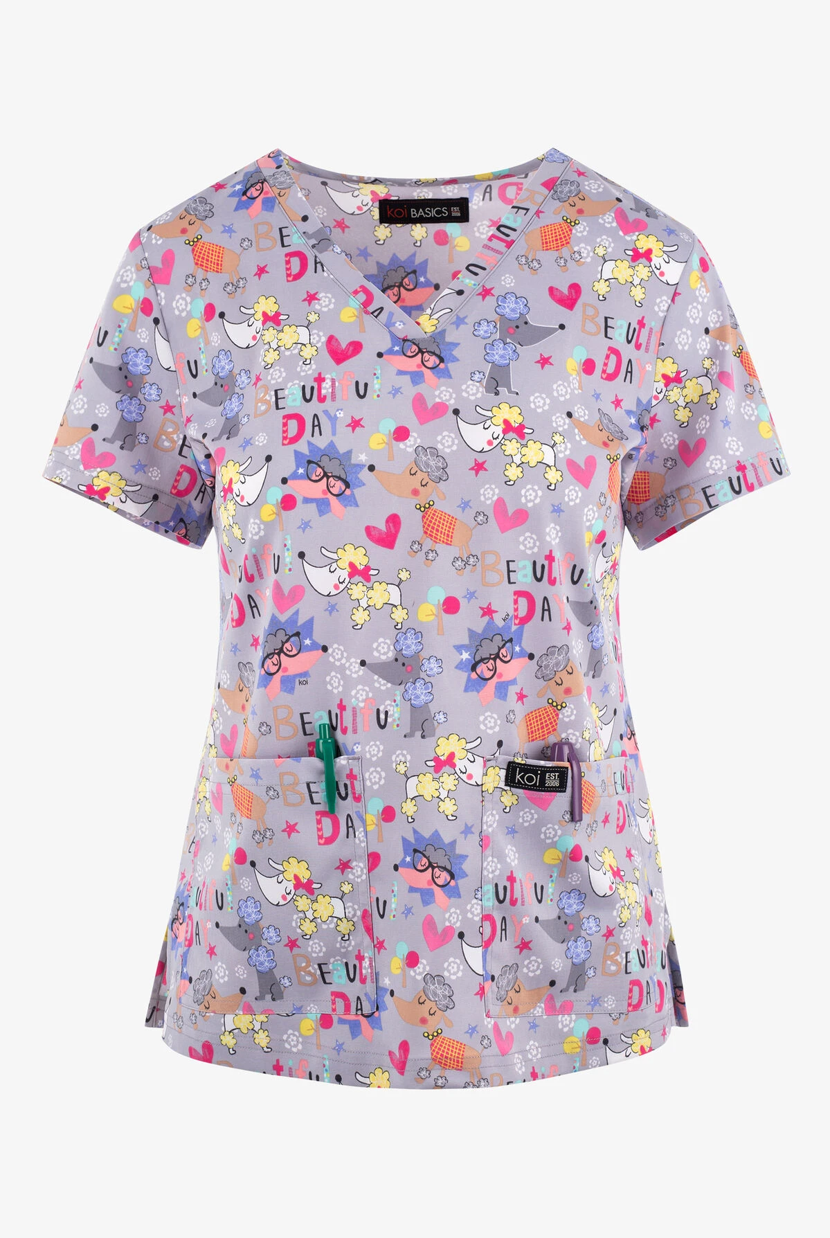 Koi Basics Beautiful Day Whimsical Women's 2-Pocket STRETCH V-Neck Print Scrub Top 1 Koi Basics Beautiful Day Whimsical Women's 2-Pocket STRETCH V-Neck Print Scrub Top
