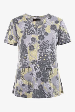 Koi Basics Lace Platinum Floral Women's 2-Pocket STRETCH V-Neck Print Scrub Top
