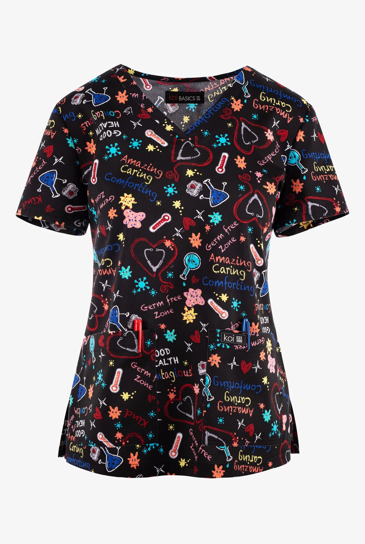 Koi Basics Germ Free Zone Women's 2-Pocket STRETCH V-Neck Print Scrub Top 1 Koi Basics Germ Free Zone Women's 2-Pocket STRETCH V-Neck Print Scrub Top