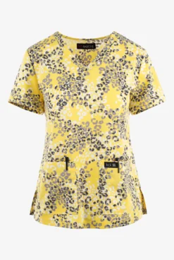 Koi Basics Pool Side Leopard Sunshine Women's 2-Pocket STRETCH V-Neck Print Scrub Top