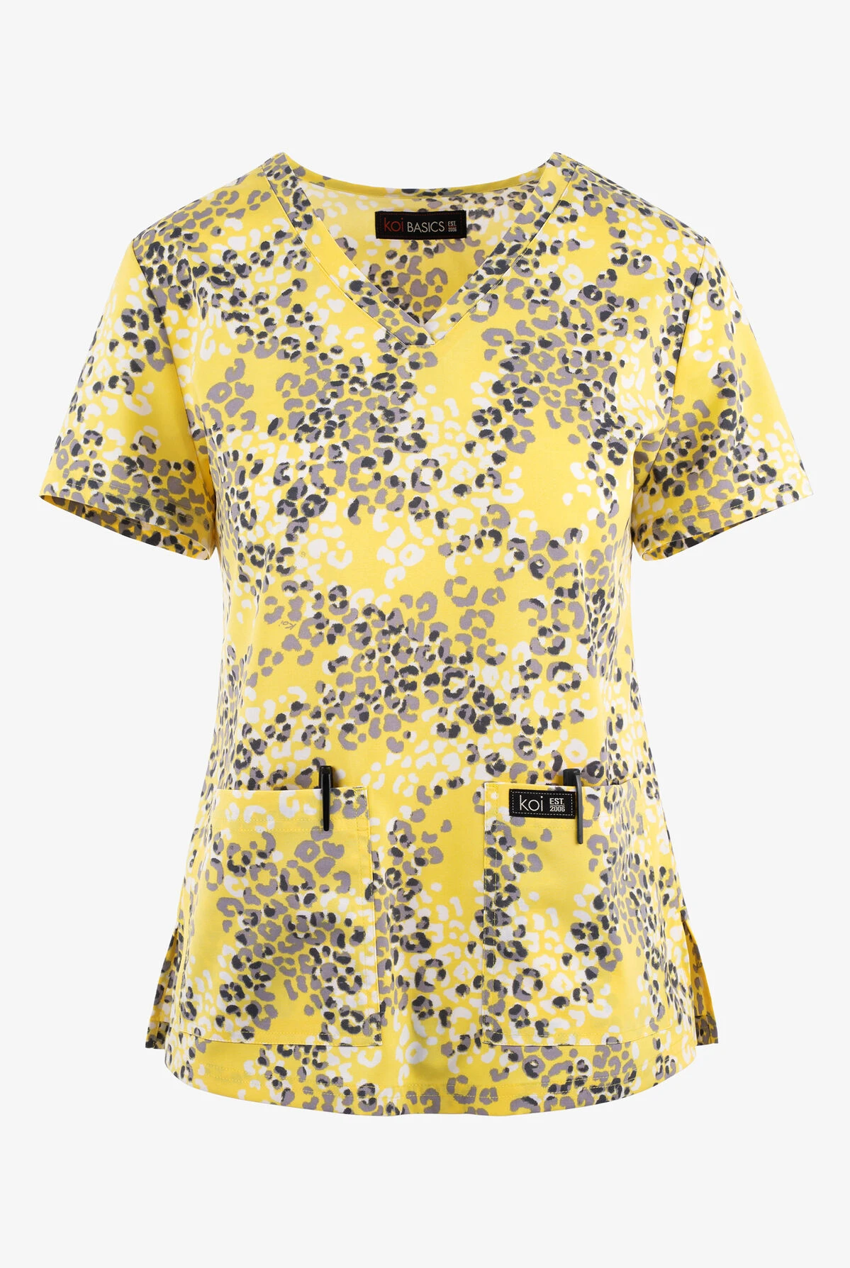 Koi Basics Pool Side Leopard Sunshine Women's 2-Pocket STRETCH V-Neck Print Scrub Top 1 Koi Basics Pool Side Leopard Sunshine Women's 2-Pocket STRETCH V-Neck Print Scrub Top