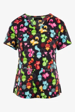 Koi Basics Playful Pretty Kitty Women's 2-Pocket STRETCH V-Neck Print Scrub Top