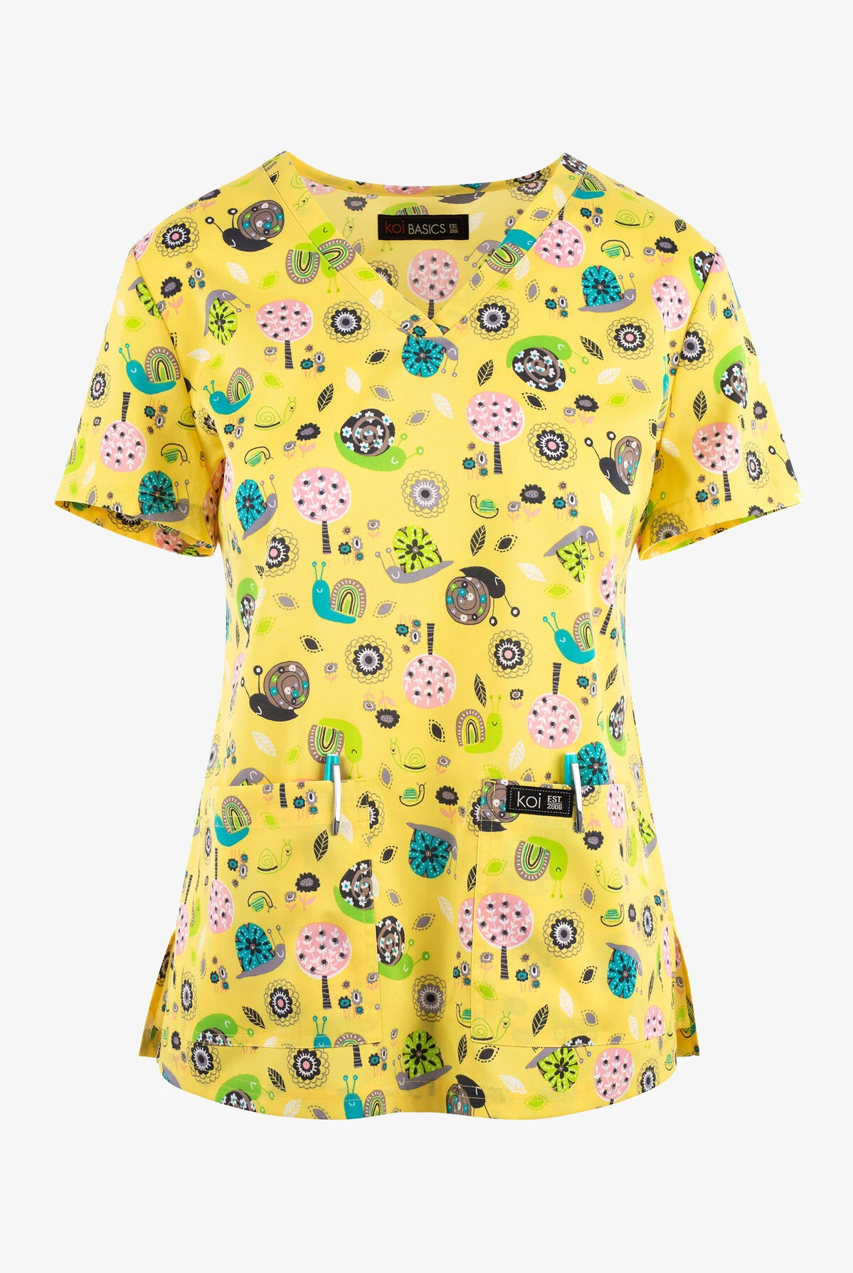 Koi Basics Sunny Snails Women's 2-Pocket STRETCH V-Neck Print Scrub Top 1 Koi Basics Sunny Snails Women's 2-Pocket STRETCH V-Neck Print Scrub Top