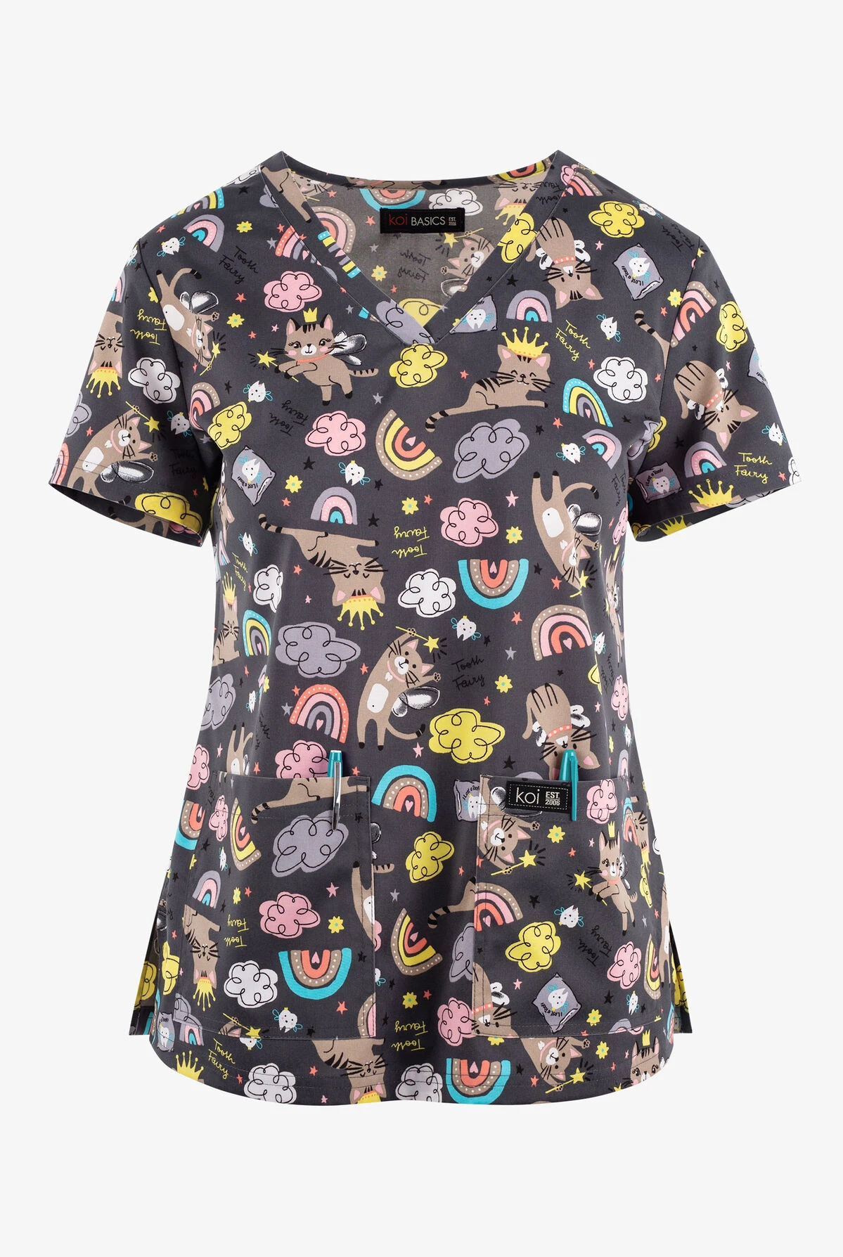Koi Basics Toof Fairy Cats Women's 2-Pocket STRETCH V-Neck Print Scrub Top 1 Koi Basics Toof Fairy Cats Women's 2-Pocket STRETCH V-Neck Print Scrub Top