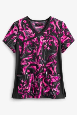 Koi Lite™ Inkblot Pinks Women's 2-Pocket Mock Wrap STRETCH Print Scrub Top