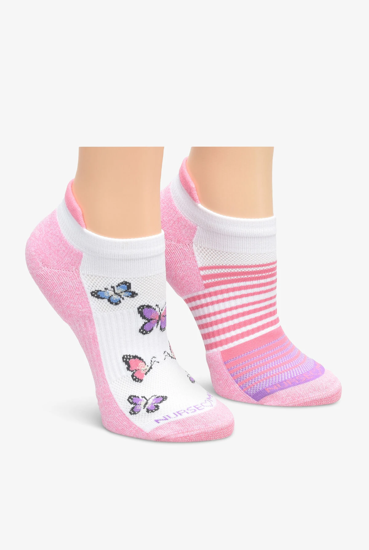 Nurse Mates Pink Butterfly/Stripe Women's 2-Pair Multi-Pack Anklet Socks 1 Nurse Mates Pink Butterfly/Stripe Women's 2-Pair Multi-Pack Anklet Socks