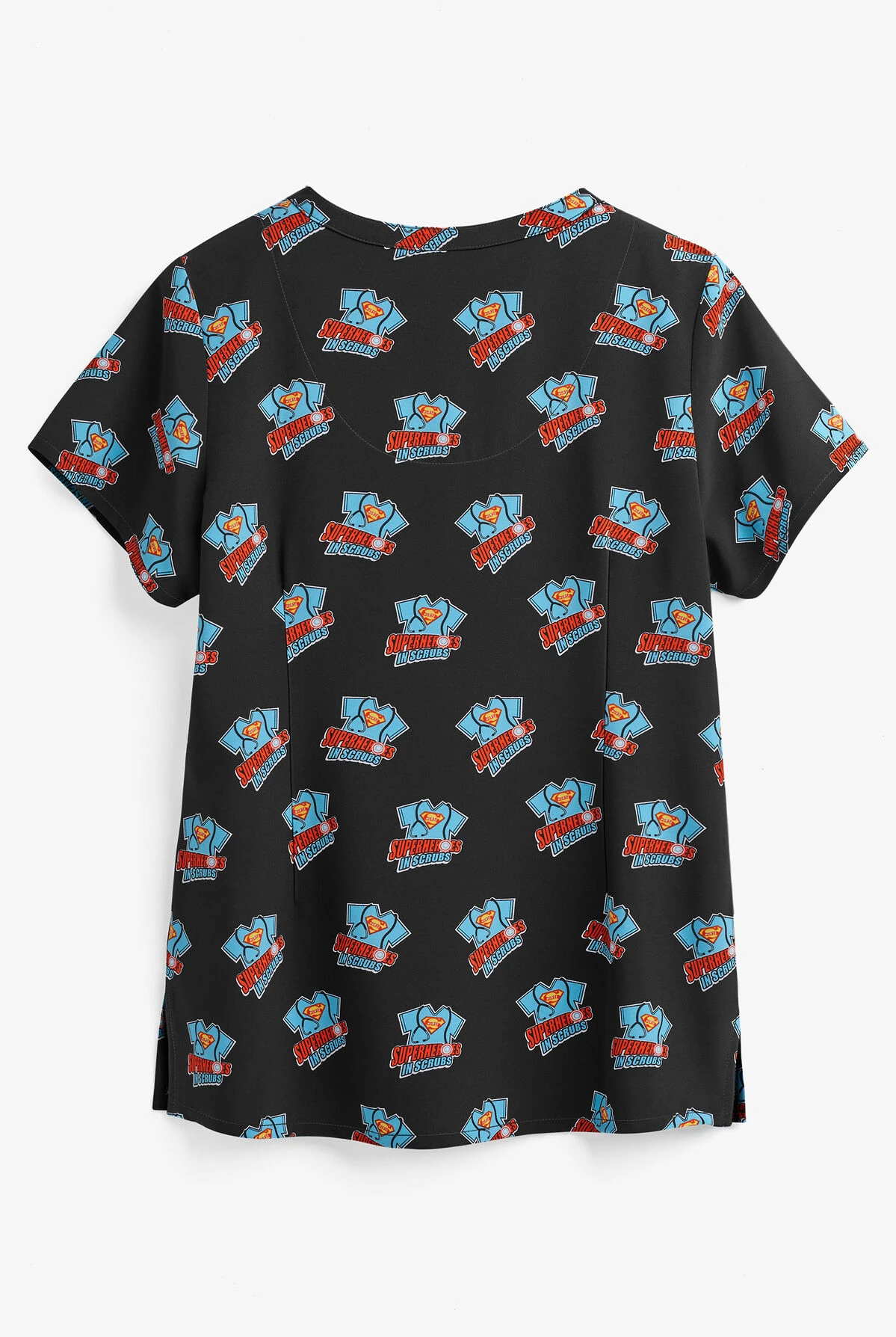 Maevn Superhero Women's 3-Pocket V-Neck Print Scrub Top 2 Maevn Superhero Women's 3-Pocket V-Neck Print Scrub Top - Image 2